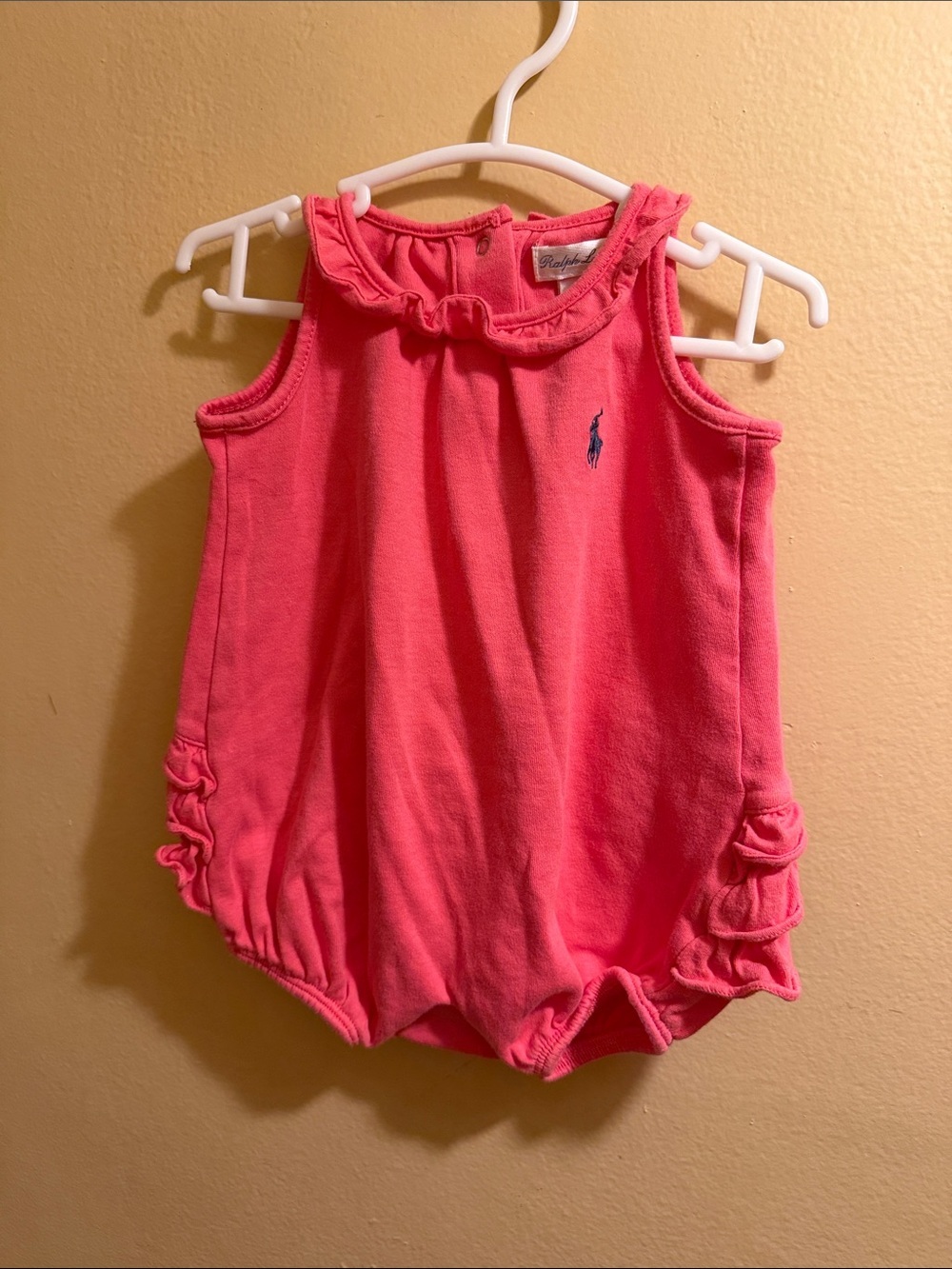 Ralph Lauren Coral Pink Ruffle Bubble Romper - Girls